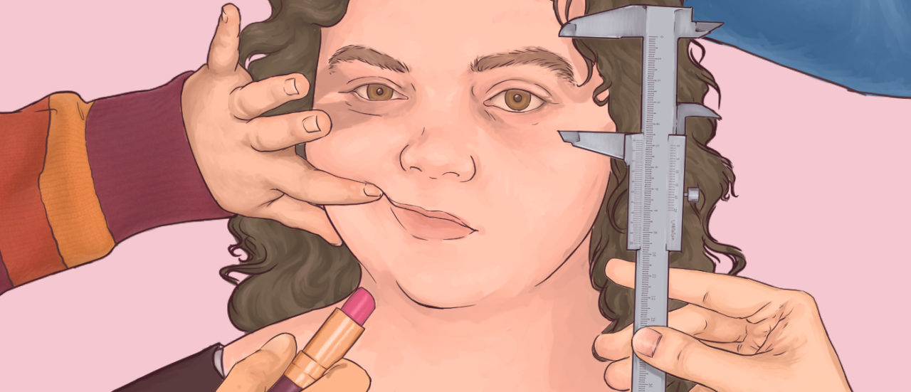 an illustration of a face with hands poking in from outside the frame poking and prodding