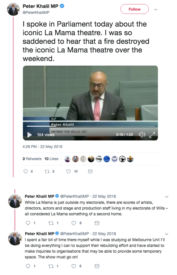 Screenshot from Peter Kahlil MP responding to the fire on Twitter. Click picture to see original post