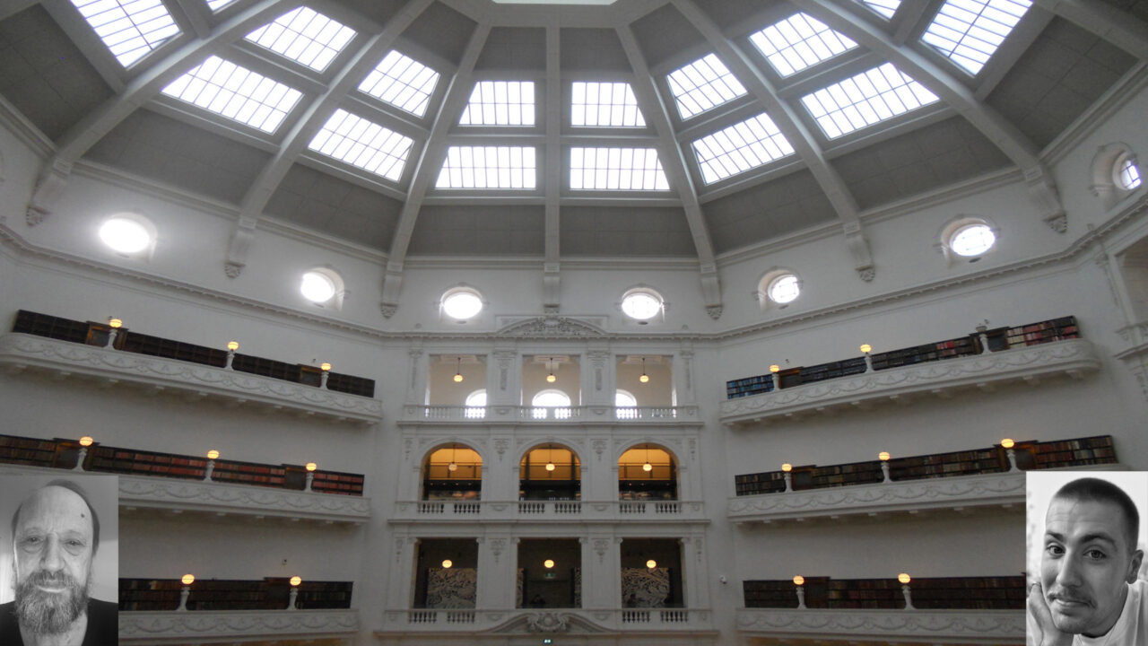 Photos of the actors in Last Illuminations appear superimposed on the interior of the reading room of a library (the State Library of Victoria).