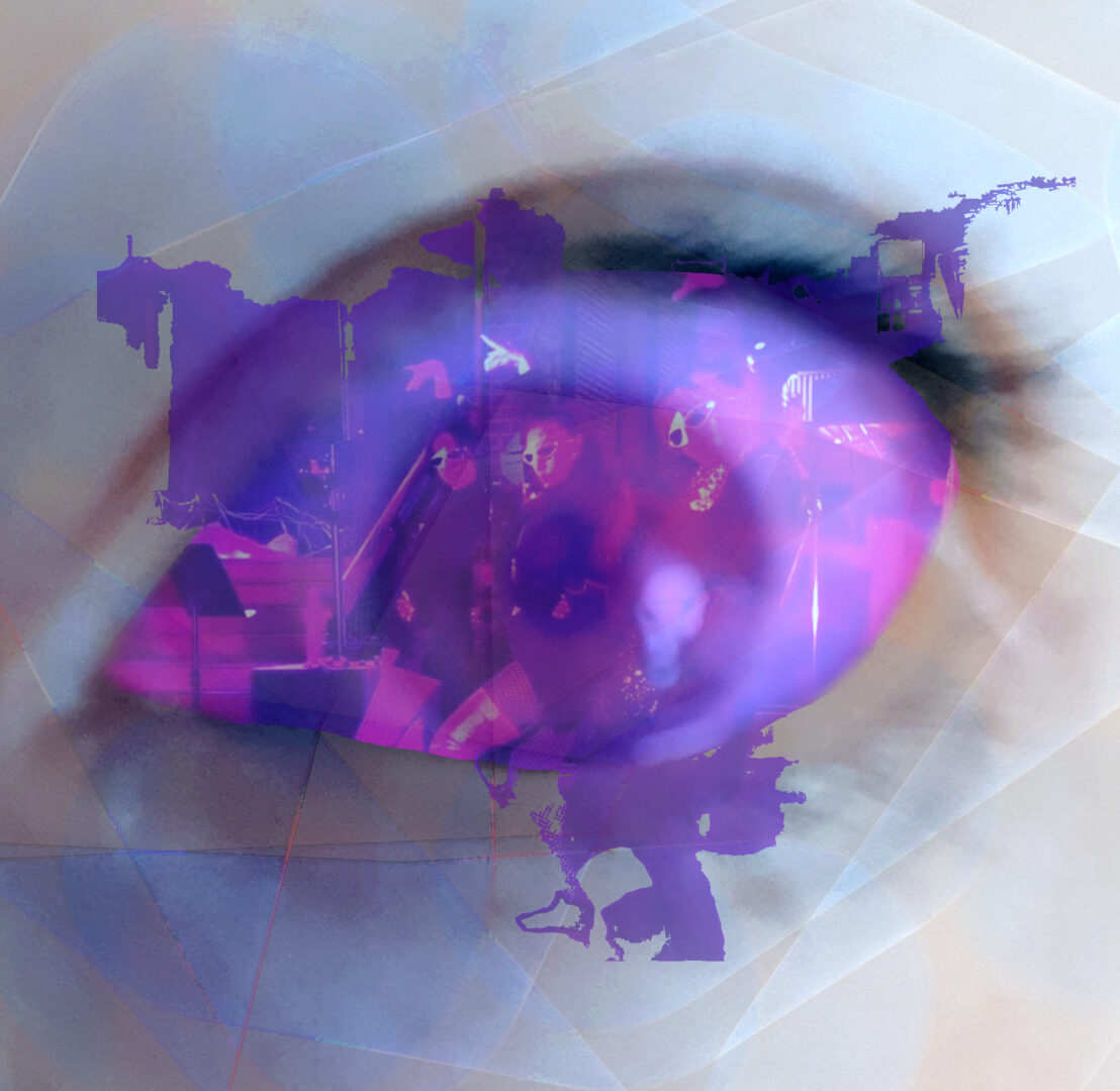 Close up of an eyeball in glitched light, turned purple with an image of three sparkling dancers in asymmetrical sunglasses, hands on hips and arms poised in the air.